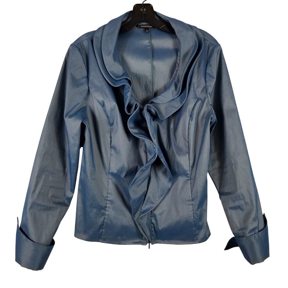 Samuel Dong Blue Iridescent Ruffle Front Zip Jacket Shimmer Taffeta Womens Large